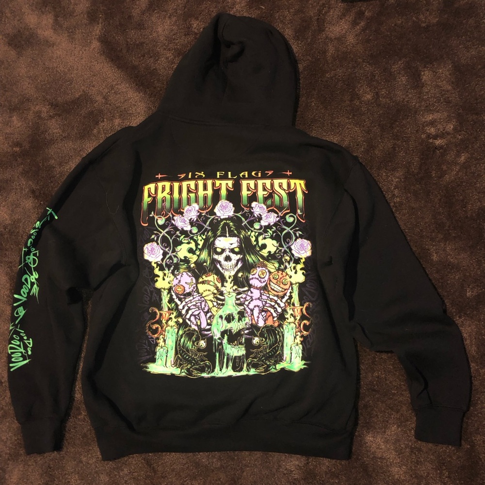 Six Flags Fright Fest Skeleton Voo Doo Hoodie Mens XL Black Graphic Sweatshirt